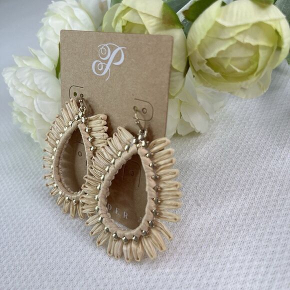 Plunder Design Earrings CREAM RAFFIA TEARDROP Women’s New Tan Jewelry - Picture 2 of 4